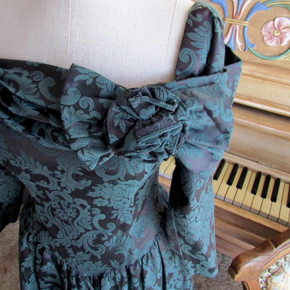 JESSICA McCLINTOCK BROCADE DRESS, 6, DARK GREEN OFF-SHOULDER ROMANTIC VINTAGE - Picture 2 of 13